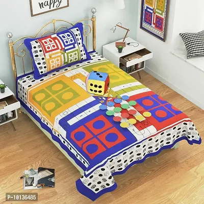 Fabture Cotton Ludo Print Bedsheet for Single Bed with Pillow Covers (Multicolour, Standard)-thumb0