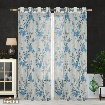 Fabture Polyester Flower Printed Transparent Net Curtain | Beautiful Striped Eyelet Tissue Sheer Curtains(4 Feet x 5 Feet (2 Piece)