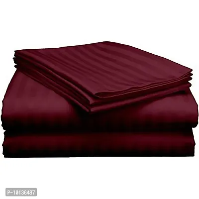 Fabture Cotton Feel 300 TC Satin Double Bedsheet, Sarin Stripes/Lining Stripes Double Bedsheet with Two Pillow Covers (King Size)(Maroon)-thumb0