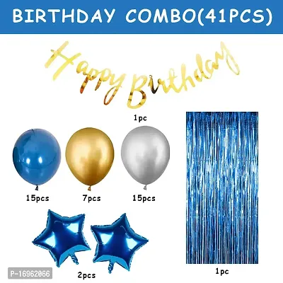 Sort Blue Happy Birthday Decoration - 41 Pcs Birthday Decoration Items /Happy Birthday Decoration Kit / Happy Birthday Banner, Blue Foil Curtain,Star Foil Balloons, Metallic Balloons-thumb2