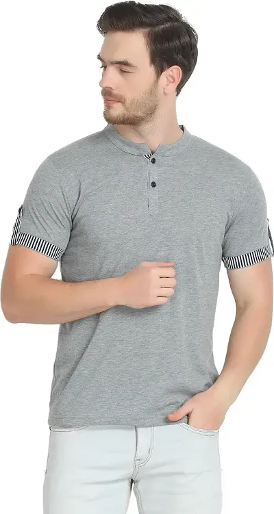 Glito Men's Attractive Grey-Colour Hanley-Neck Fashionable Half Sleeve T-Shirt for Men (Grey)