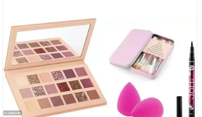 New Nude 18 Color Eyeshadow Palette And Hello Kitty 7Pc Makeup Brush And 36Hr Eyeliner And 2Pc Makeup Puff