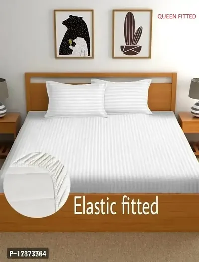 Trendy White Glace Cotton Solid Elastic Fitted Bedsheet With Two Pillow Covers