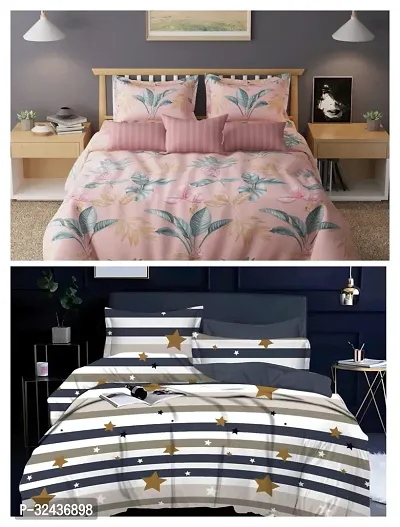 Comfortable Glace Cotton Printed Queen Bedsheet with Pillow Covers- 2 Bedsheets, 4 Pillow Covers