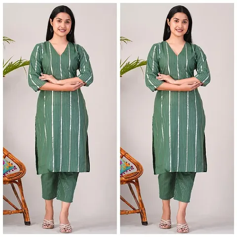 Elegant Lurex Striped Kurta with Pant Set For Women- Pack Of 2