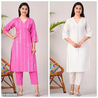 Elegant Cotton Lurex Striped Kurta with Pant Set For Women- Pack Of 2-thumb0