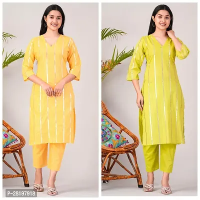 Elegant Cotton Lurex Striped Kurta with Pant Set For Women- Pack Of 2