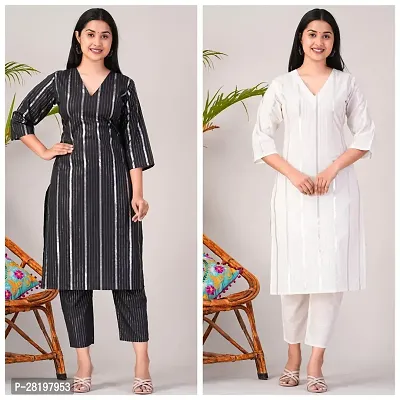 Elegant Cotton Lurex Striped Kurta with Pant Set For Women- Pack Of 2