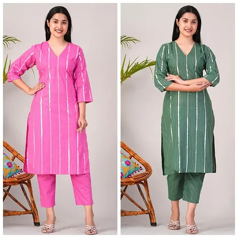 Elegant Lurex Striped Kurta with Pant Set For Women- Pack Of 2