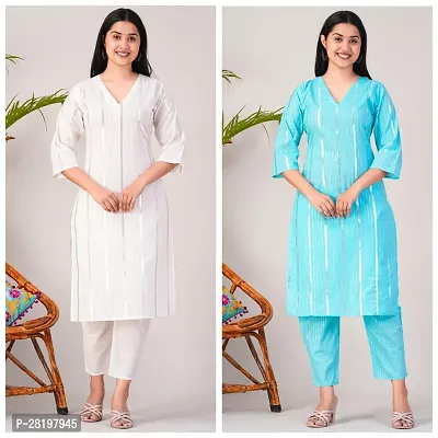 Elegant Cotton Lurex Striped Kurta with Pant Set For Women- Pack Of 2-thumb0