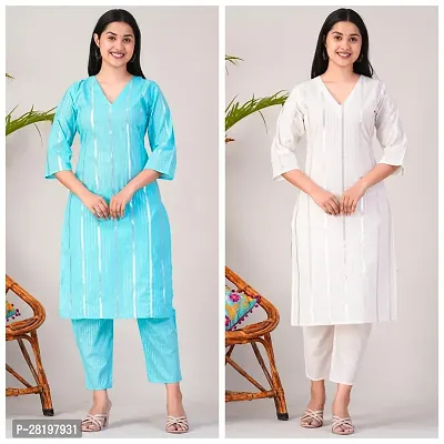 Elegant Cotton Lurex Striped Kurta with Pant Set For Women- Pack Of 2-thumb0