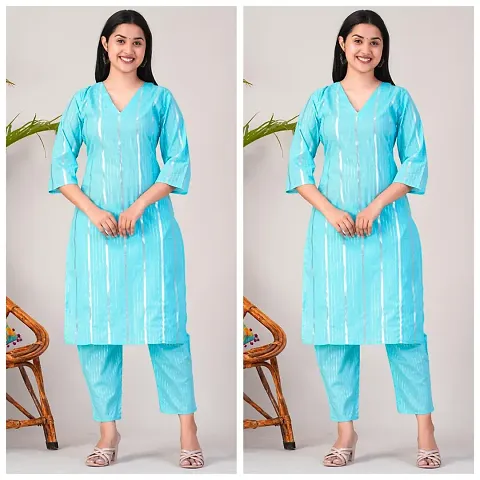 Elegant Lurex Striped Kurta with Pant Set For Women- Pack Of 2