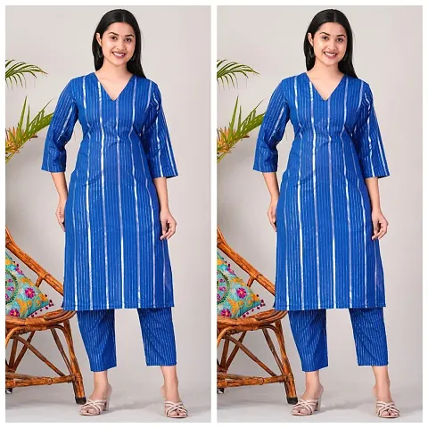 Elegant Lurex Striped Kurta with Pant Set For Women- Pack Of 2