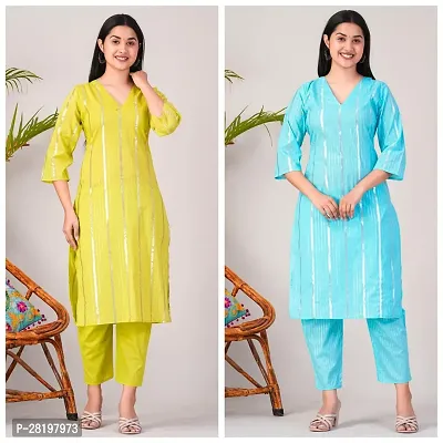 Elegant Cotton Lurex Striped Kurta with Pant Set For Women- Pack Of 2