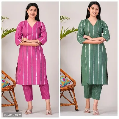 Elegant Cotton Lurex Striped Kurta with Pant Set For Women- Pack Of 2-thumb0