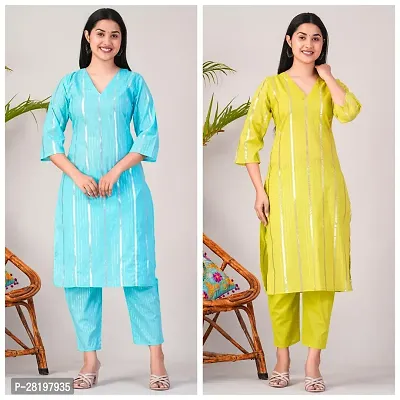 Elegant Cotton Lurex Striped Kurta with Pant Set For Women- Pack Of 2