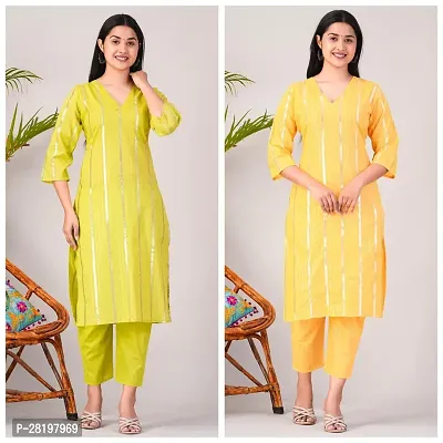 Elegant Cotton Lurex Striped Kurta with Pant Set For Women- Pack Of 2