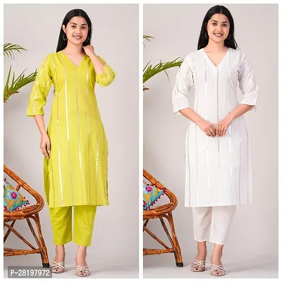 Elegant Cotton Lurex Striped Kurta with Pant Set For Women- Pack Of 2-thumb0