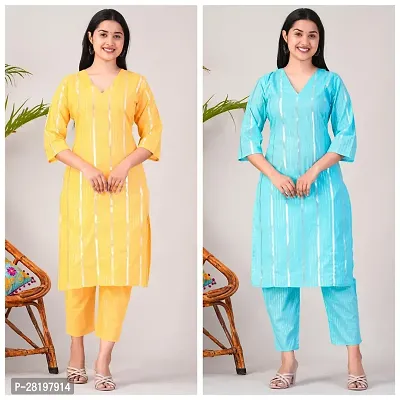 Elegant Cotton Lurex Striped Kurta with Pant Set For Women- Pack Of 2