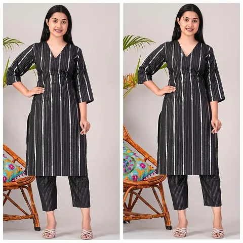 Elegant Lurex Striped Kurta with Pant Set For Women- Pack Of 2