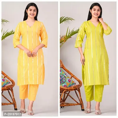 Elegant Cotton Lurex Striped Kurta with Pant Set For Women- Pack Of 2-thumb0