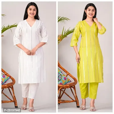 Elegant Cotton Lurex Striped Kurta with Pant Set For Women- Pack Of 2-thumb0