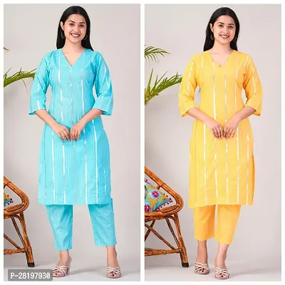 Elegant Cotton Lurex Striped Kurta with Pant Set For Women- Pack Of 2-thumb0