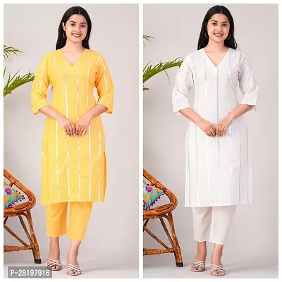 Elegant Cotton Lurex Striped Kurta with Pant Set For Women- Pack Of 2-thumb0