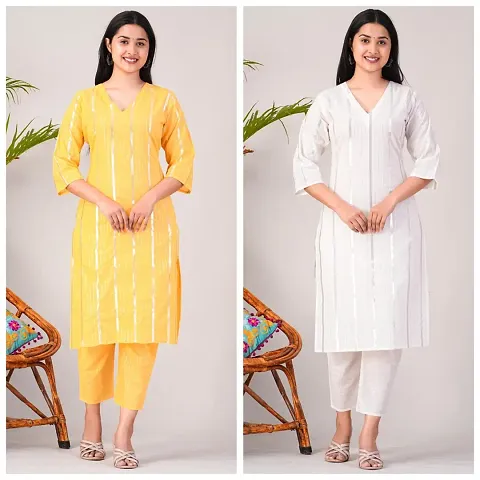 Elegant Lurex Striped Kurta with Pant Set For Women- Pack Of 2