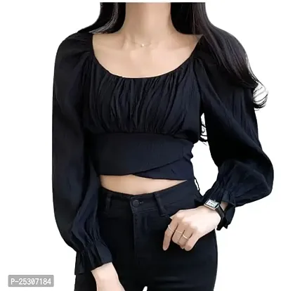 Women's Casual Regular Fit Crop Tops Tunic Tops Long Sleeve Blouses Summer/Spring Rib Pleated Cotton Blend Crop Top