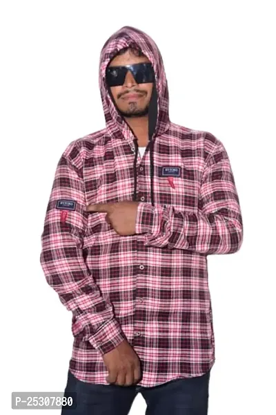 HASAN Enterprises Men Full Sleeve Checkered Hooded Sweatshirt Men's Hooded Shirt Jacket Printed Fuzzy Hoodie Jackets for Men [Men Shirt Check Maroon] (Small, Maroon)-thumb3