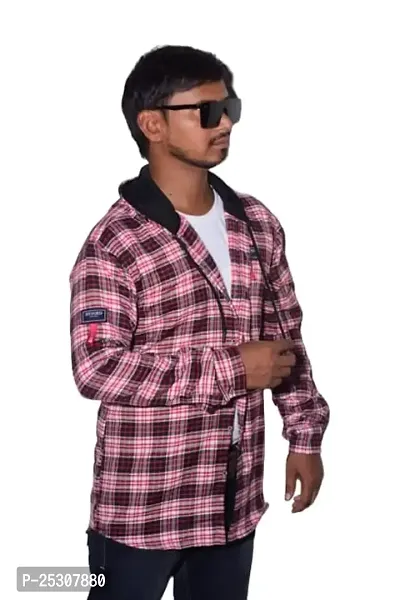 HASAN Enterprises Men Full Sleeve Checkered Hooded Sweatshirt Men's Hooded Shirt Jacket Printed Fuzzy Hoodie Jackets for Men [Men Shirt Check Maroon] (Small, Maroon)-thumb4