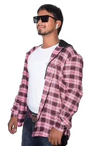 HASAN Enterprises Men Full Sleeve Checkered Hooded Sweatshirt Men's Hooded Shirt Jacket Printed Fuzzy Hoodie Jackets for Men [Men Shirt Check Maroon] (Small, Maroon)-thumb1