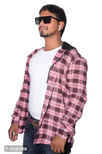 HASAN Enterprises Men Full Sleeve Checkered Hooded Sweatshirt Men's Hooded Shirt Jacket Printed Fuzzy Hoodie Jackets for Men [Men Shirt Check Maroon] (Small, Maroon)-thumb2