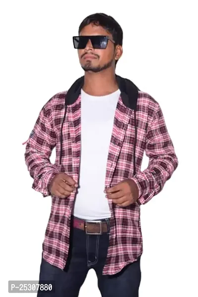 HASAN Enterprises Men Full Sleeve Checkered Hooded Sweatshirt Men's Hooded Shirt Jacket Printed Fuzzy Hoodie Jackets for Men [Men Shirt Check Maroon] (Small, Maroon)-thumb0
