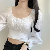 Women's Casual Regular Fit Crop Tops Tunic Tops Long Sleeve Blouses Summer/Spring Rib Pleated Cotton Blend Crop Top-thumb1