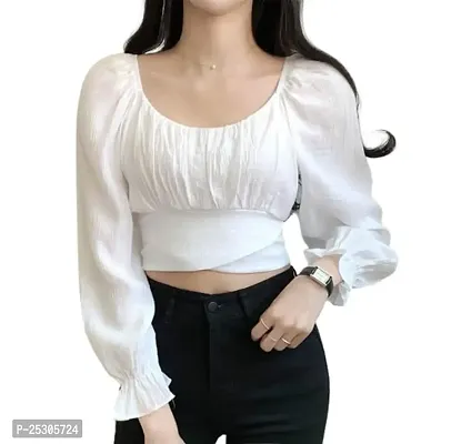 Women's Casual Regular Fit Crop Tops Tunic Tops Long Sleeve Blouses Summer/Spring Rib Pleated Cotton Blend Crop Top-thumb0