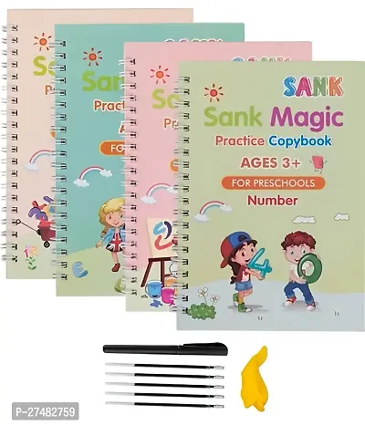 Sank Magic Practice Copybook, (4 BOOK + 10 REFILL+ 2 Pen +2 Grip) Number Tracing Book for Preschoolers with Pen, Magic Calligraphy Copybook Set Practical Reusable Writing Tool Simple Hand Lettering-thumb0