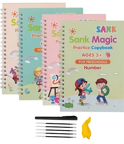 Sank Magic Practice Copybook, (4 BOOK + 10 REFILL+ 2 Pen +2 Grip) Number Tracing Book for Preschoolers with Pen, Magic Calligraphy Copybook Set Practical Reusable Writing Tool Simple Hand Lettering