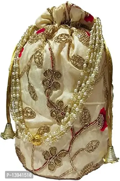 Beige fabric wedding potli for ladies for women handbags traditional Indian Wristlet