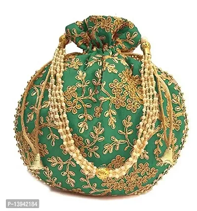 Women's Silk Swag Ethnic Embroidery Work Handmade Potli Bags (Rama Green/Gold) s for Women handbags Wedding Festive ethnic Velentine Gift-thumb0