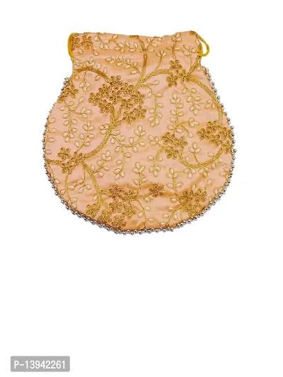 Light Peach fabric wedding potli for ladies for women handbags traditional Indian Wristlet with Drawstring Ethnic Embroidery Women Fashion Potli-thumb3