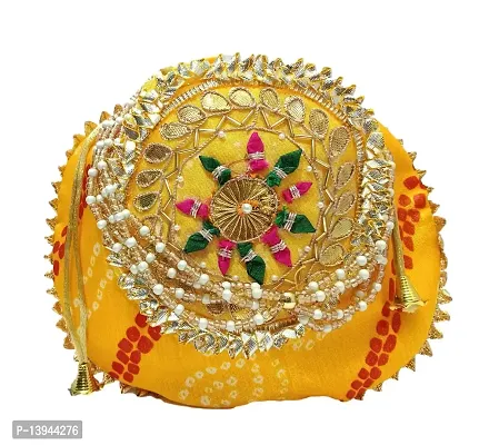 Jaipuri Bandhej zarigota Yellow Potli Bag Bridal Purse Women handbag Shagun Pouch Return Gifts for women Handbag Potli Multicolored