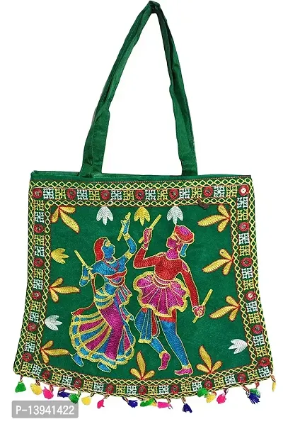 Green tote bags for ladies large multicolored embroidery dancing man women figurine Ethnic handbags tassel embellishment-thumb0