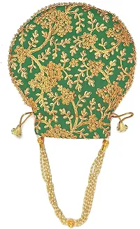 Women's Silk Swag Ethnic Embroidery Work Handmade Potli Bags (Rama Green/Gold) s for Women handbags Wedding Festive ethnic Velentine Gift-thumb2