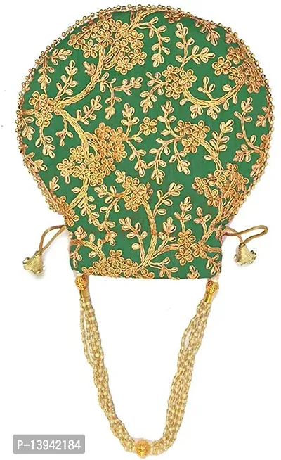 Women's Silk Swag Ethnic Embroidery Work Handmade Potli Bags (Rama Green/Gold) s for Women handbags Wedding Festive ethnic Velentine Gift-thumb3