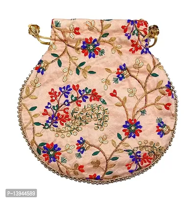 Potli handbags for Women Hand carry pouches ethnic potli bags (Peach, Silk Gold Embroidered)-thumb2