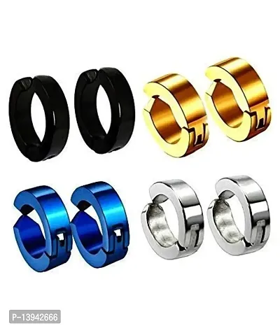 Nonpiercing Earrings for Men Jewelry Pack of 4 Black Blue Gold Silver Metal huggie Ear Studs-thumb0