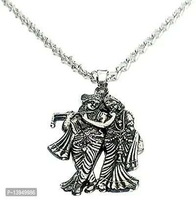 Rolo Chain With Radha Krishna Pendant, Pendant For Boys | Men's Chain | Silver Polish S-hook clasp 20 Inch long Mens Fashion Wear Chain With Lord Radha Krishna Pendant