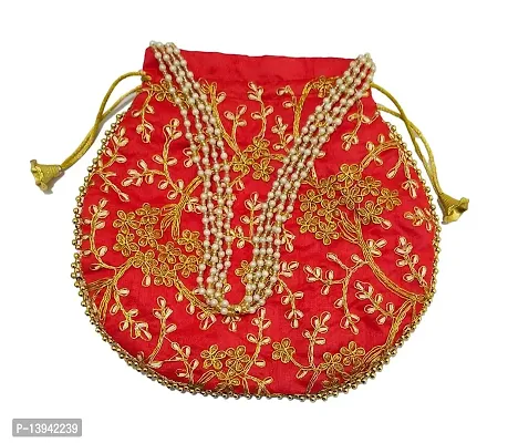 Red color Potli Women's Silk Swag Ethnic Embroidery Work Handmade Potli Bags for Women handbags Wedding Festive ethnic Velentine Gift-thumb4